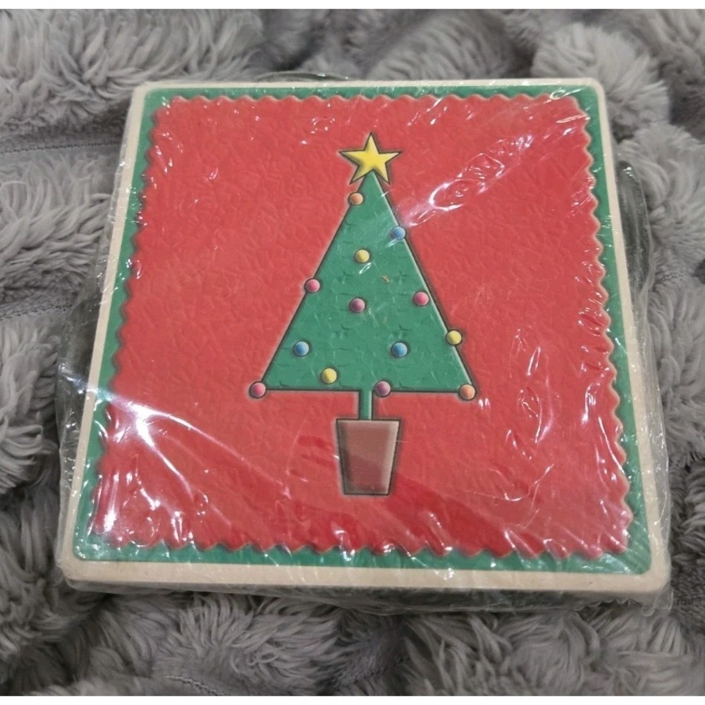 Holiday Coaster Christmas Tree Set of 4 Ceramic Tile Metal Rack New
